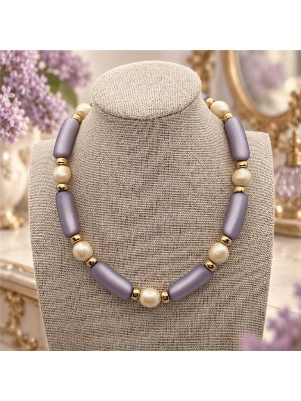 Napier Lavender Tube Bead Cream Faux Pearl Gold Tone Choker Necklace 15.5 In